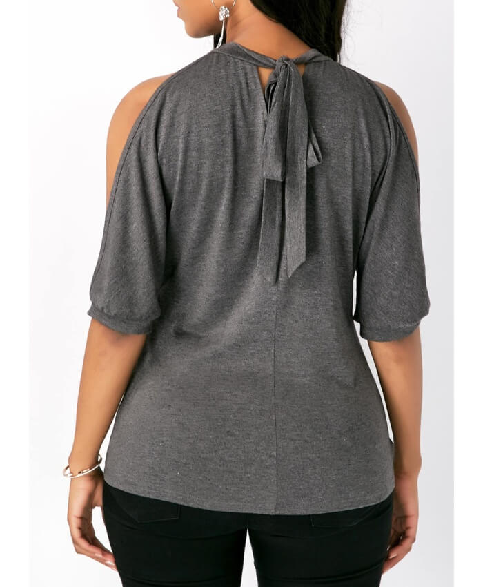 Tie Back Cold Shoulder Grey Blouse